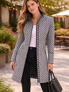 Vuarnet black/white fleece jacket, rain coat knee length, full zip, size 12, EUC